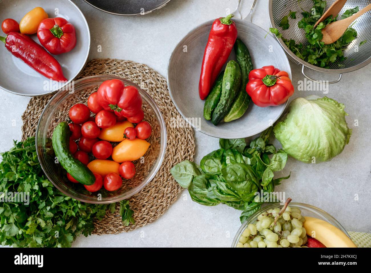 Fruits and vegetables on kitchen island Stock Photo