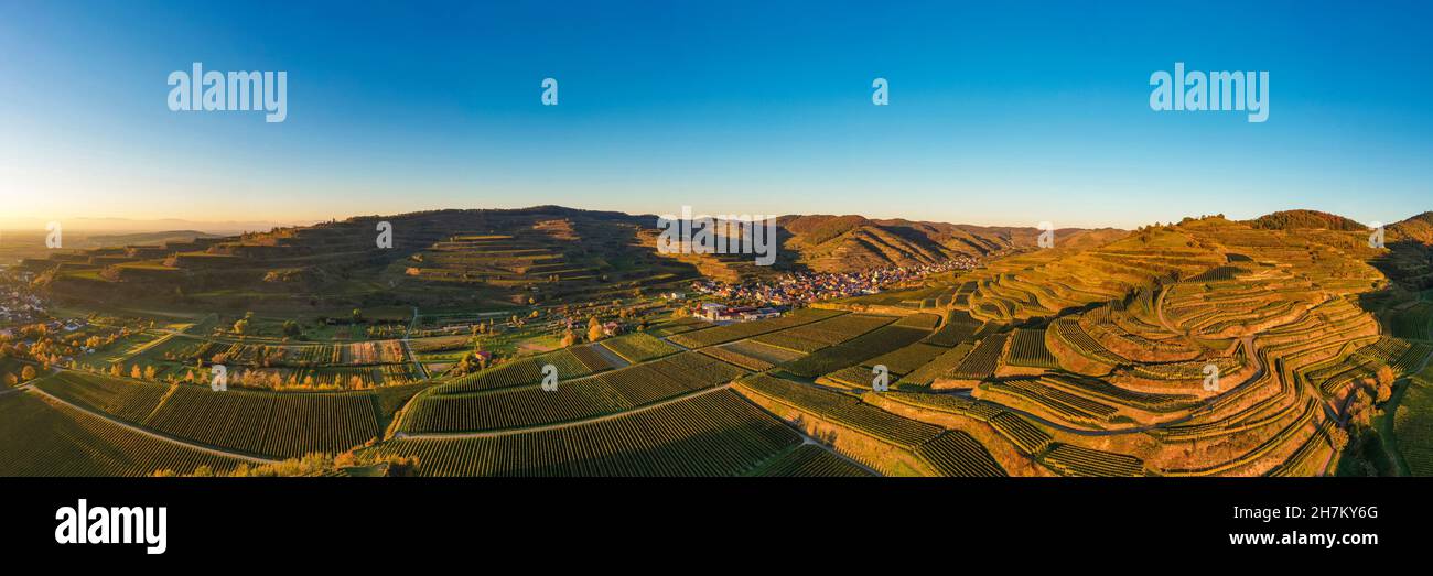 Germany, Baden-Wurttemberg, Vogtsburg im Kaiserstuhl, Aerial panorama of vineyards and volcanic hills of Kaiserstuhl at autumn dusk Stock Photo