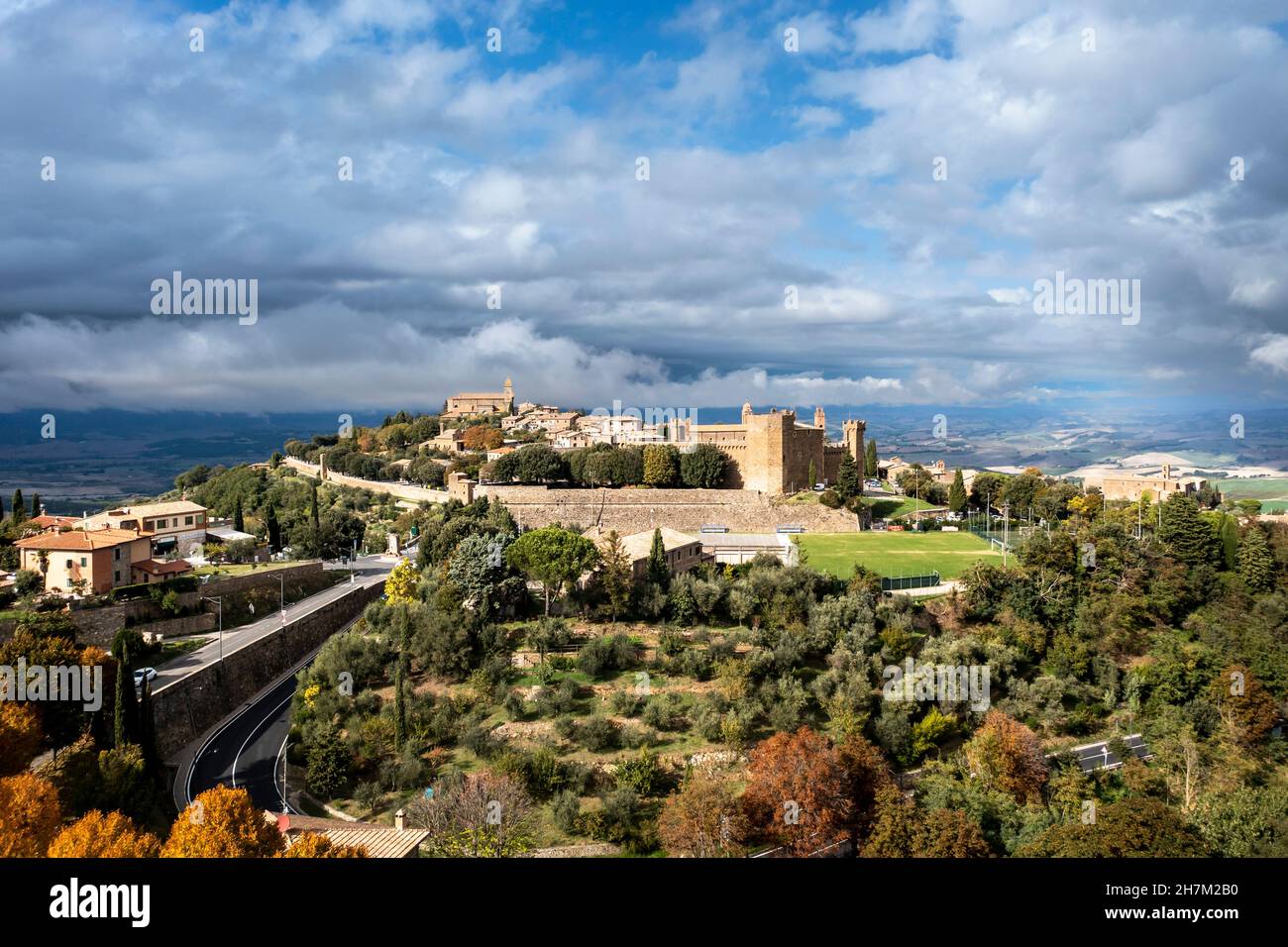 Landscape and ancient buildings in Montalcino and Valdorcia at Tuscany, Italy Stock Photo