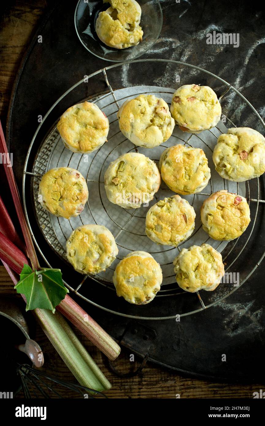 Freshly baked rhubarb tarts on cooling rack Stock Photo