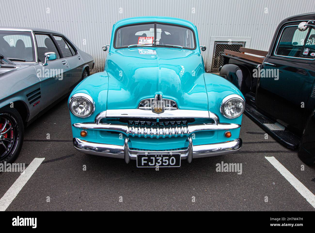 Classic car for sale. 1954 ford ute, light blue. Melbourne Car show Father's day. St Kilda, Victoria, Australia, September 2nd, 2018. Stock Photo