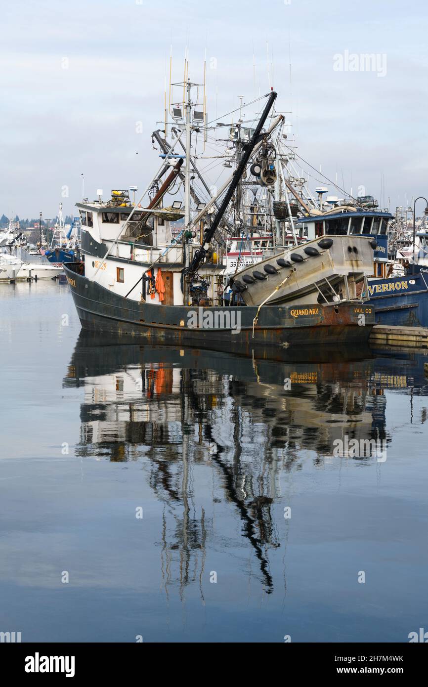 Seattle - November 21, 2021;  Commercial fishing boat Quandary from Vail Colorado docked in the calm water of Fishermen's Terminal in Seattle Stock Photo