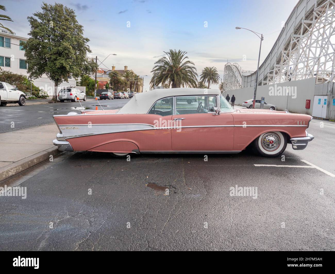 Side view of a Chevrolet Bel Air classic car at St Kilda car show. pale pink color. Melbourne Australia - September 2019. Stock Photo