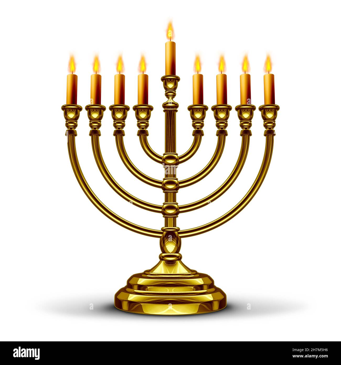 Hanukkah menorah symbol or Chanukah candlestick with lit candles as a seasonal traditional faith symbol on a white background as a 3D illustration. Stock Photo