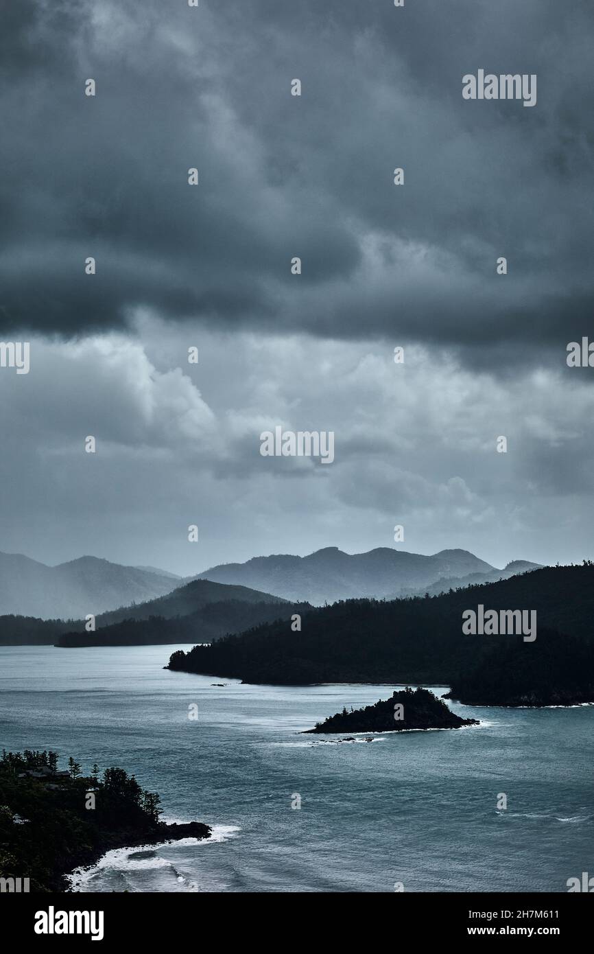 Looking through to the north side of Catseye Beach during a rain storm