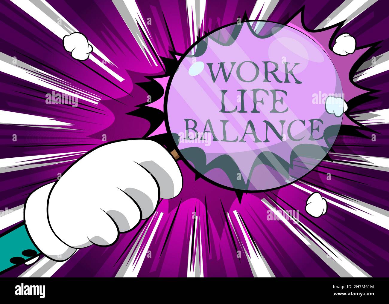 Work life balance text under magnifying glass illustration on comic ...
