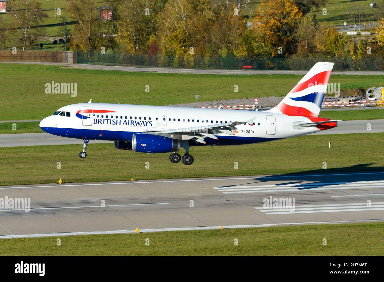 British Airways Airbus A319 aircraft landing at Zurich. Airplane G-DBCF of British Airways used for short haul flights. Stock Photo