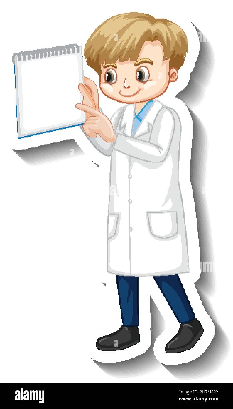 Scientist boy holding empty board cartoon character sticker ...