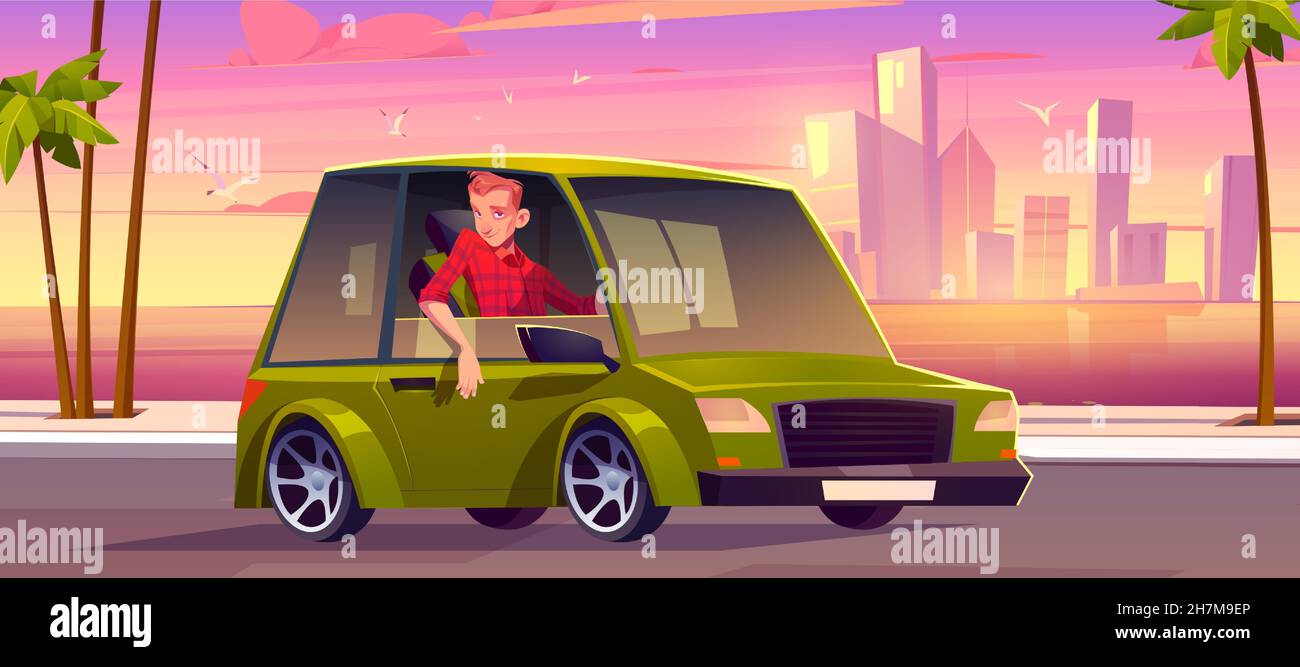Man driving car at road with sunset cityscape view with skyscrapers and palm trees at seaside, Driver cartoon character wear red chequered shirt riding at green sedan automobile, Vector illustration Stock Vector