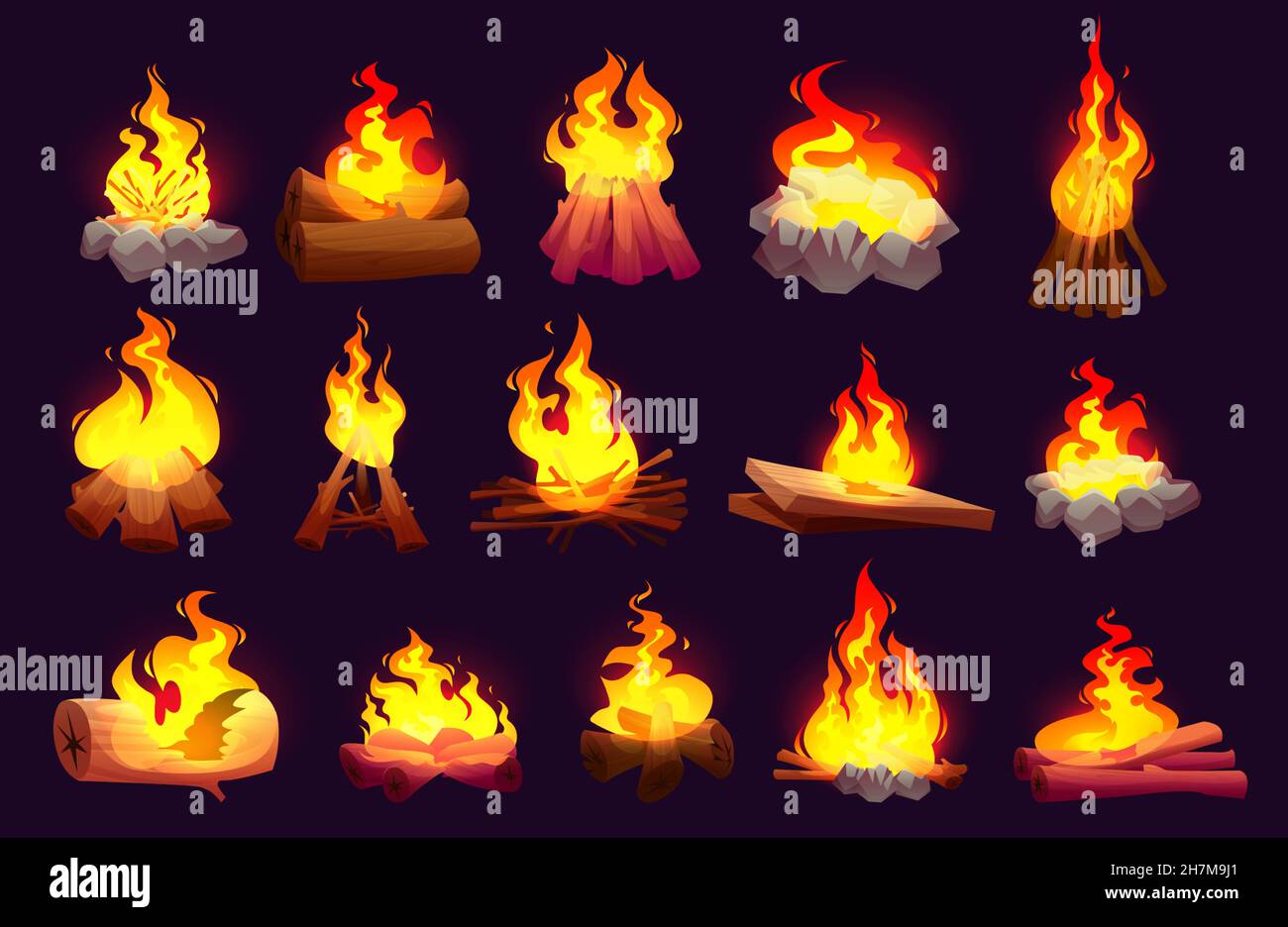 Set of burning fire flames, campfire with logs and woods. Stone hearth, bonfire blaze glow effect. Shining inferno, blazing ignition tongues isolated on black or background Cartoon vector illustration Stock Vector