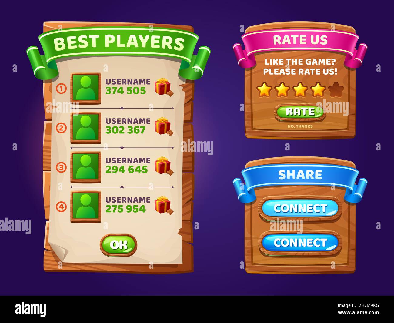 Game menu, wooden gamer ui panel with buttons, cartoon interface with gui elements. Best players, rate us, share and connect wood boards with user profiles, rating stars, banners isolated vector set Stock Vector