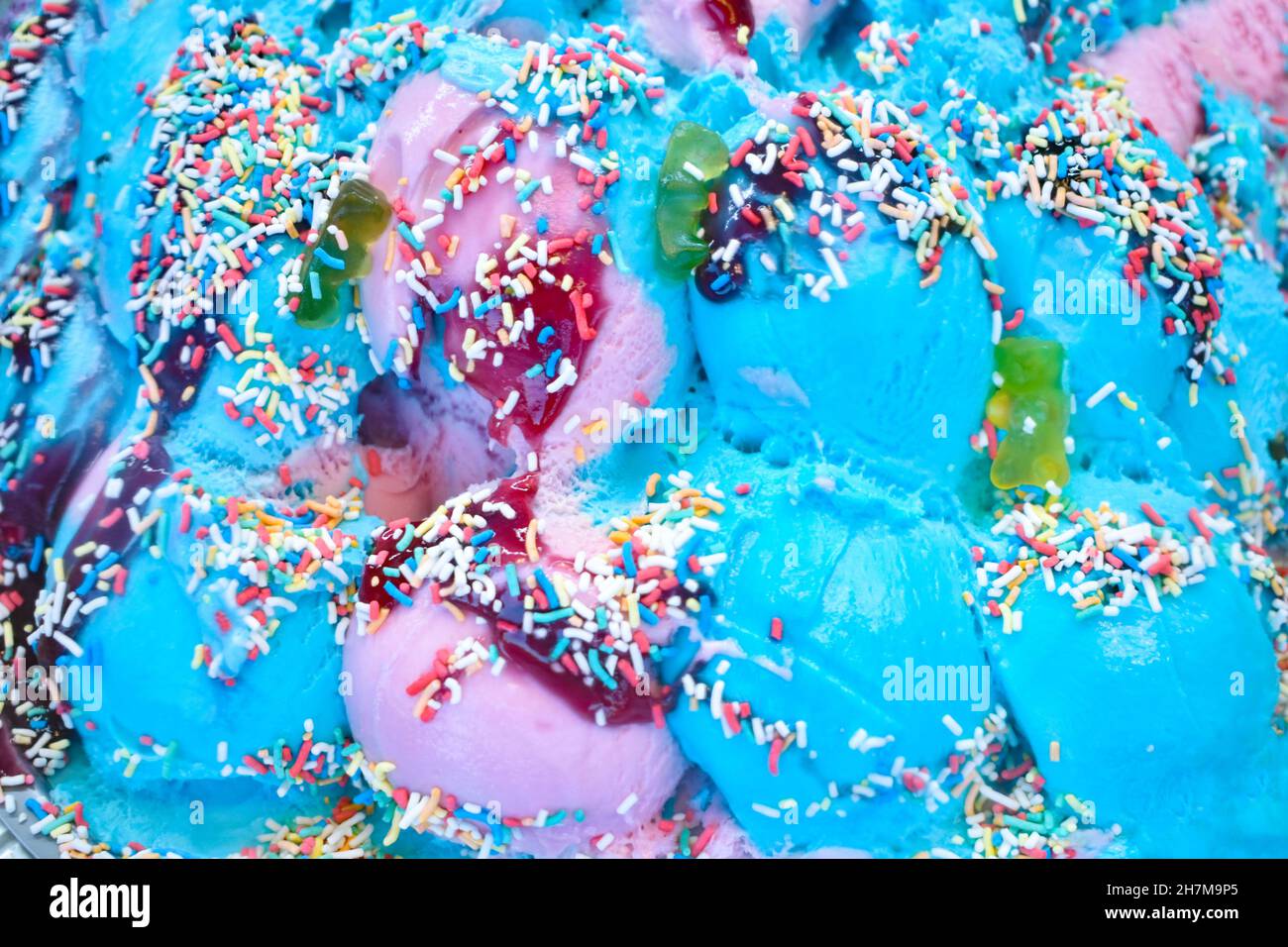 Bubblegum flavoured blue and pink ice cream with gummy bears and