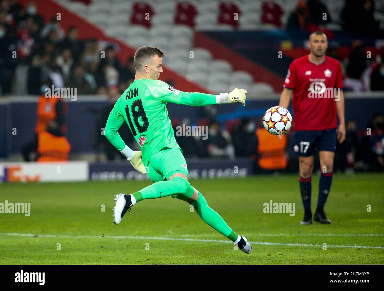 Lille, France, November 23, 2021, Goalkeeper of RB Salzburg Philipp Kohn during the UEFA Champions League, Group G football match between Lille OSC (LOSC) and FC RB Salzburg on November 23, 2021 at Pierre Mauroy stadium in Villeneuve-d'Ascq near Lille, France - Photo Jean Catuffe / DPPI Stock Photo