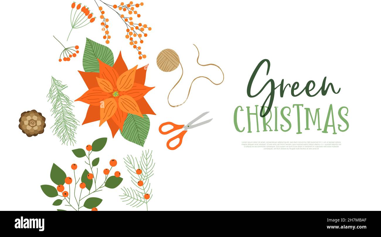 Merry Christmas web template illustration of green natural winter leaf, flower and craft decoration. Flat cartoon concept for eco-friendly celebration Stock Vector