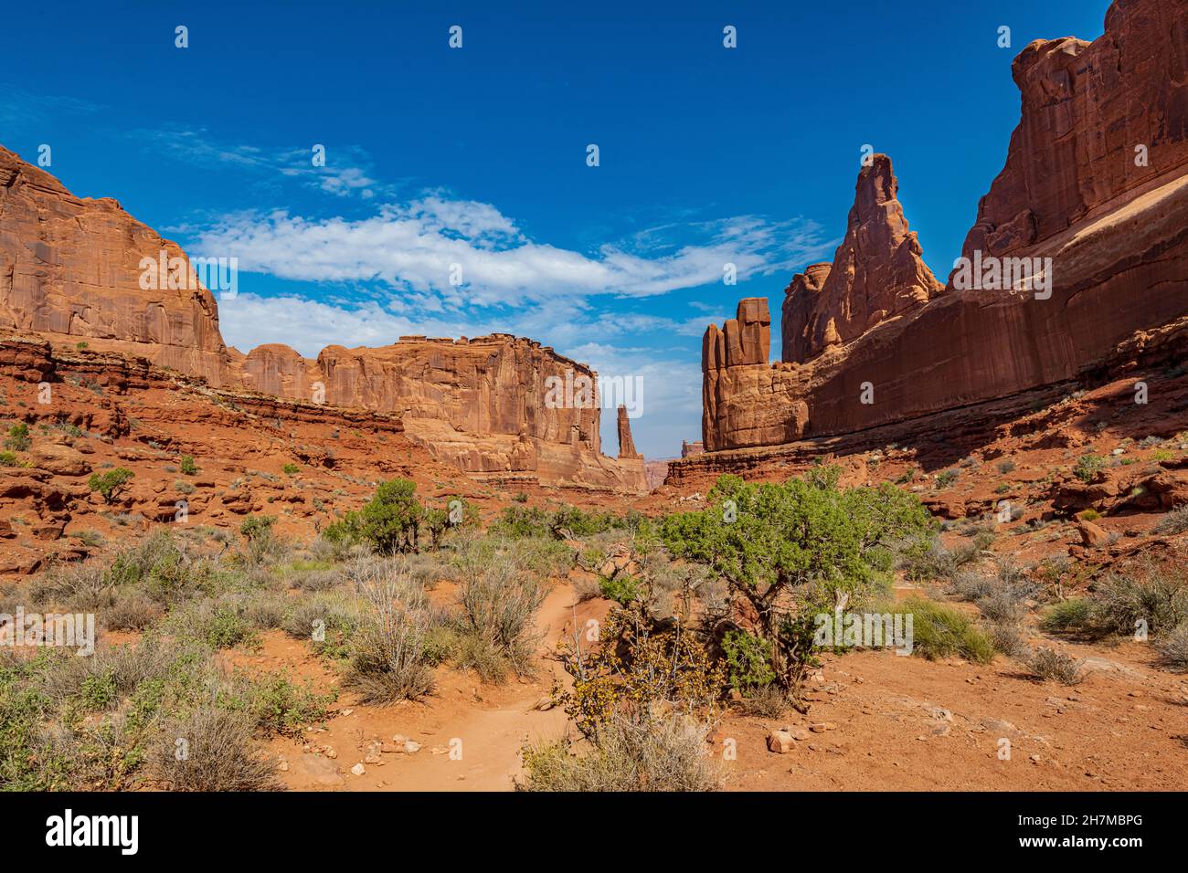 The park avenue trail goes between towering red rocks. Stock Photo