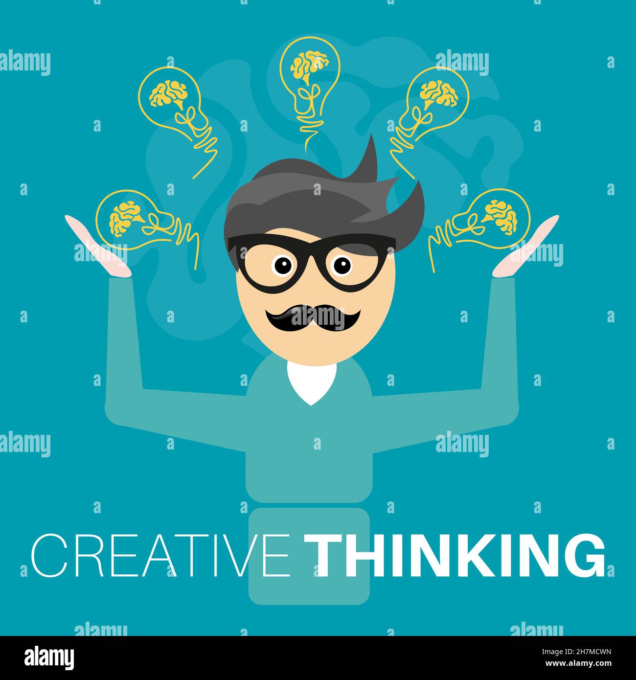 Man juggling with brain filled lightbulbs and new ideas creative