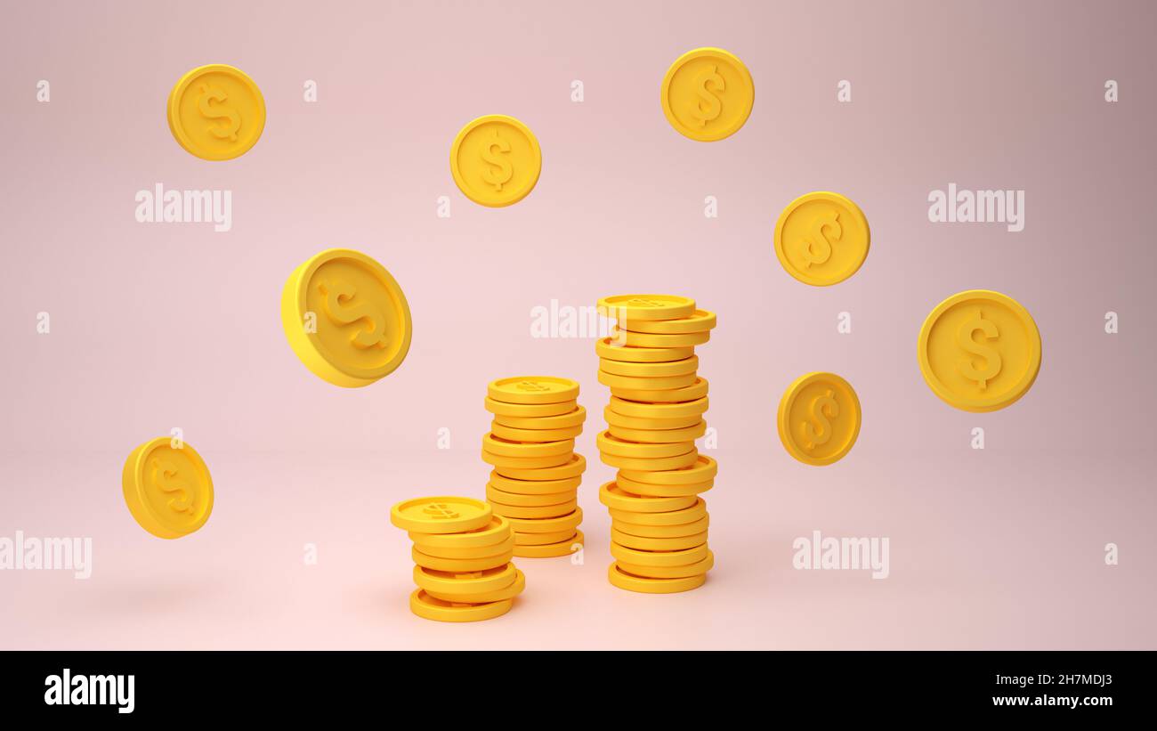 Gold coin stacks on pink background. 3D render Stock Photo - Alamy