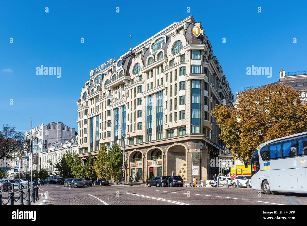 Kyiv, Ukraine - October 15, 2021: Famous luxurious Hotel InterContinental at Velyka Zhytomyrska Street. Lots of rich tourists like to stay in this hot Stock Photo