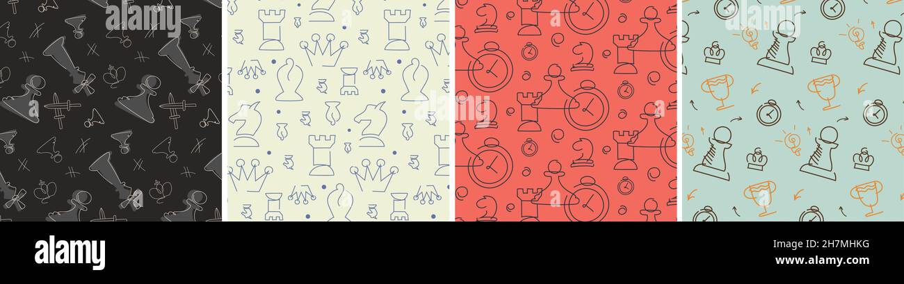 Set of chess seamless patterns. Textures with different elements in doodle style. Stock Vector