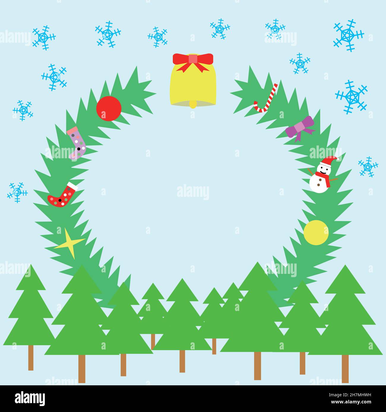 Trees and circular Christmas decorations and falling snow Stock Vector