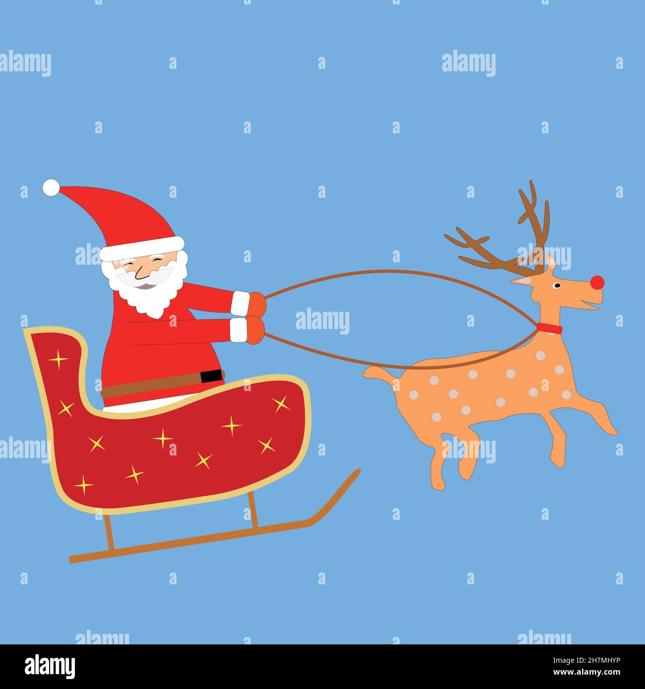 Santa Claus is riding a sled pulled by Rudolph Stock Vector