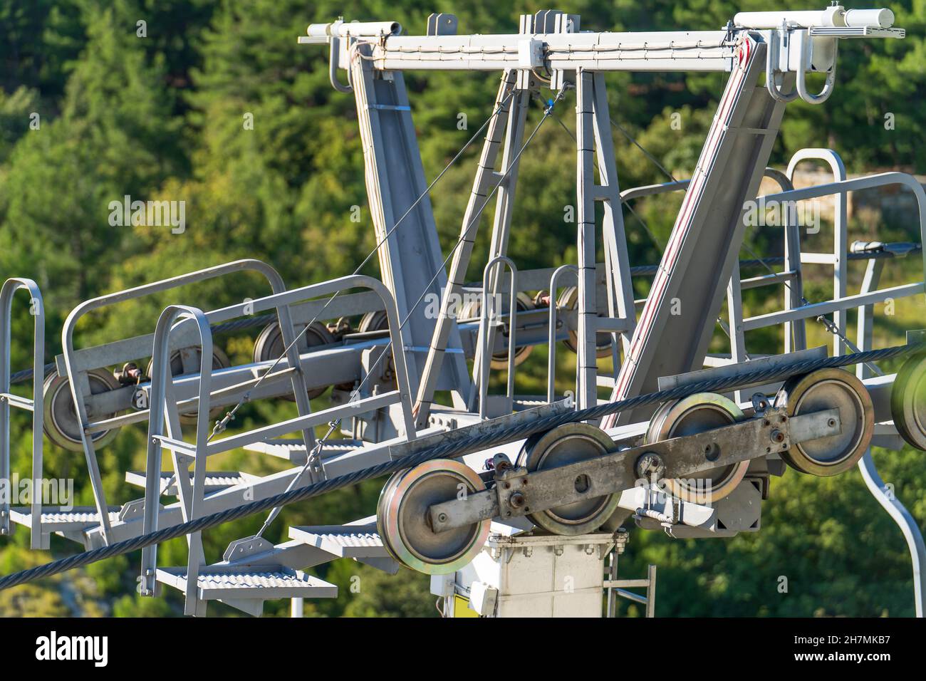 Roller ski lift cable system. Ropeway or cableway or Cable car in mountains. Stock Photo