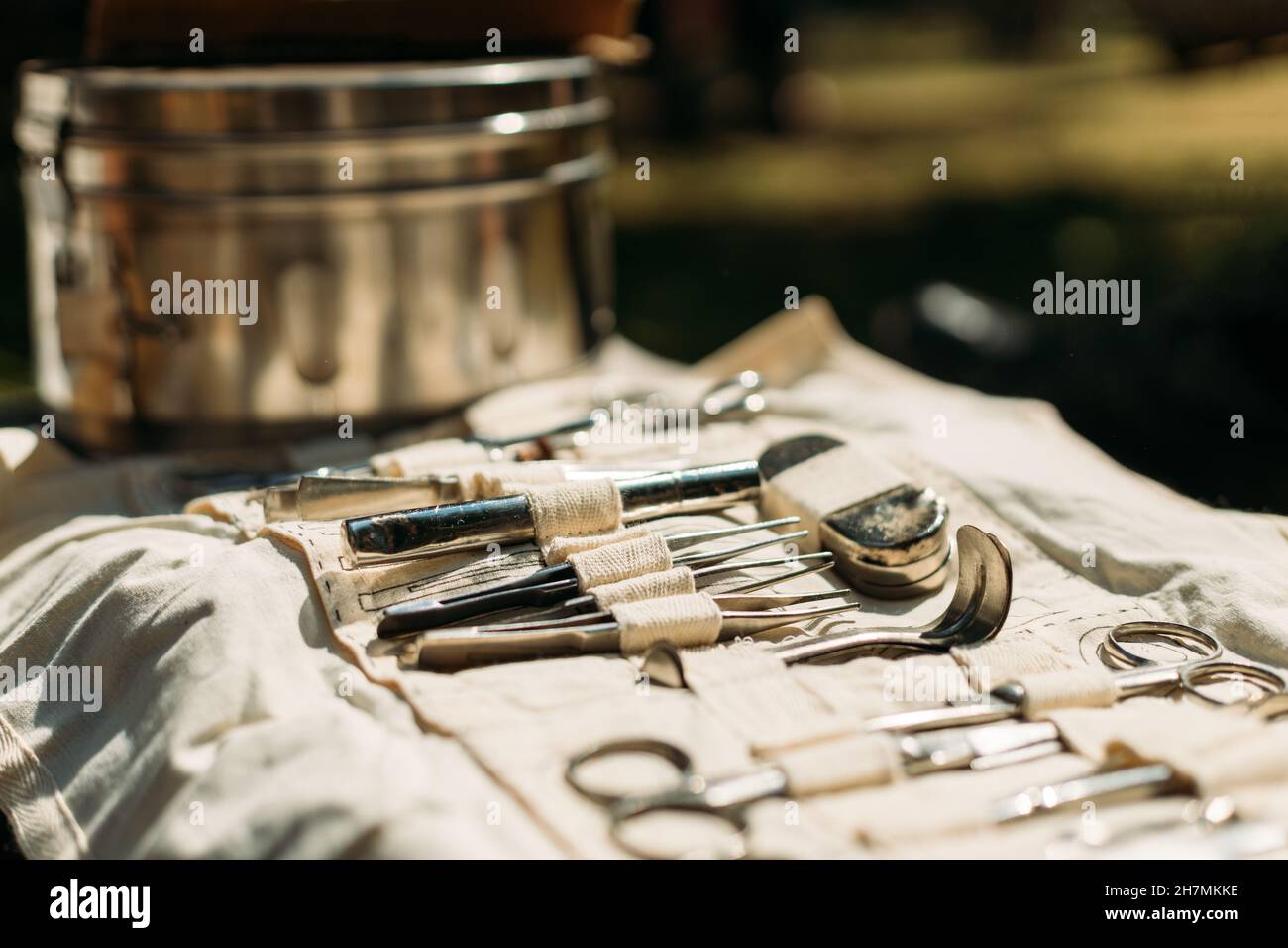 Old Medical And Surgical Instruments. Many Surgical Instruments For Surgery. Old Different Metal Medical Instruments Objects. Retro Stainless Surgical Stock Photo