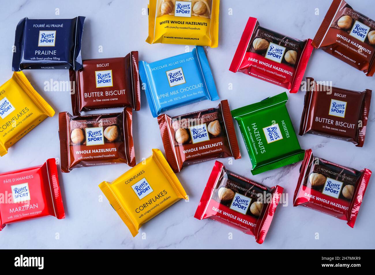 Kiev Ukraine - October 2021 chocolate Ritter Sport mini bars. German  chocolate, different tastes. Little particles Square chocolate Bar made by  Alfred Stock Photo - Alamy