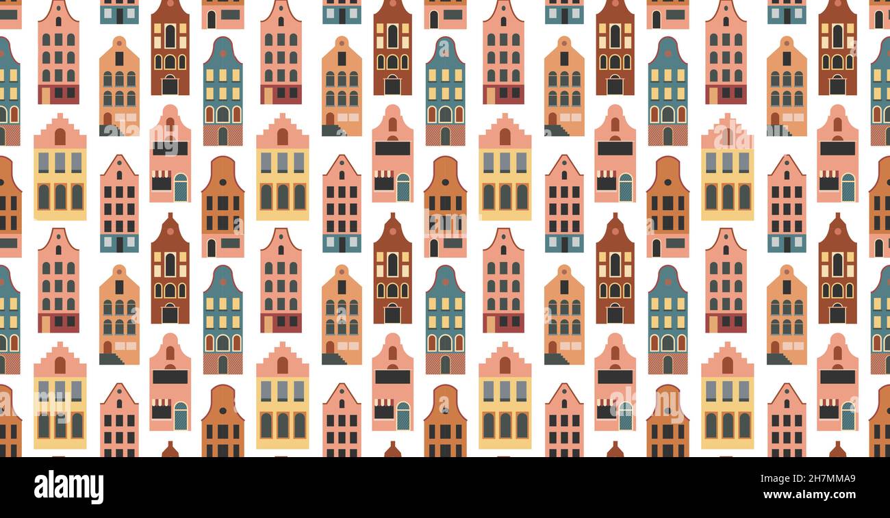 Netherlands Houses, Amsterdam traditional colorful homes, architecture illustrations Stock Vector