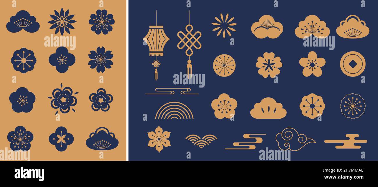 Chinese traditional ornaments, Set of Lunar year decorations, flowers, lanterns, clouds, elements and icons  Stock Vector