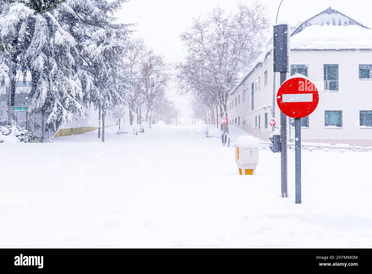 View of a city street covered in snow during heavy snowfall with fallen ...
