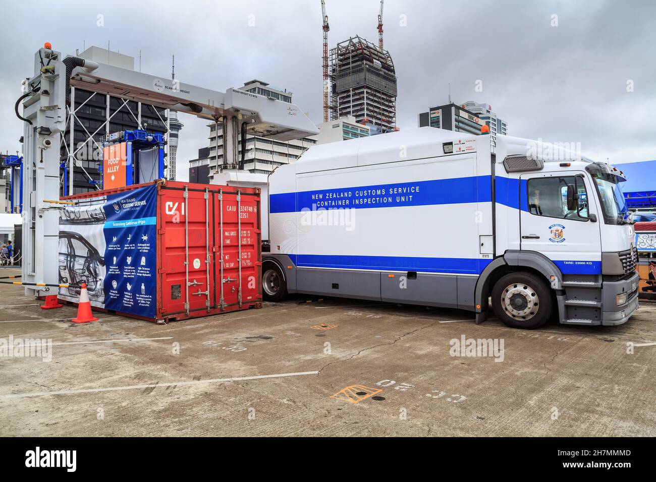 A New Zealand Customs Service container inspection vehicle on the Auckland waterfront Stock Photo
