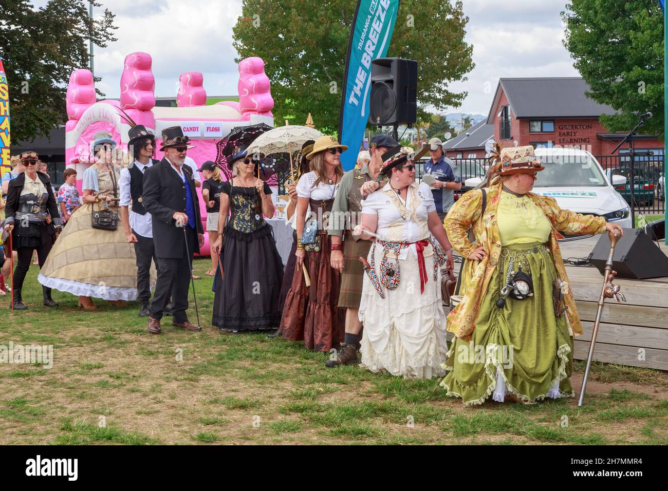 People dressed in elaborate steampunk clothing at a retro fair in Tauranga, New Zealand Stock Photo
