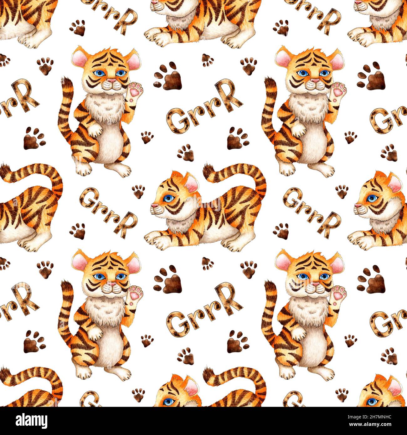 Watercolor painting pattern with cartoon tiger cubs, paw prints and lettering grrr. The symbol of the Chinese New Year, Christmas. Winter childrens il Stock Photo - Alamy Watercolor painting pattern with cartoon tiger cubs, paw prints and lettering grrr. The symbol of the Chinese New Year, Christmas. Winter childrens il Stock Photo - Alamy
