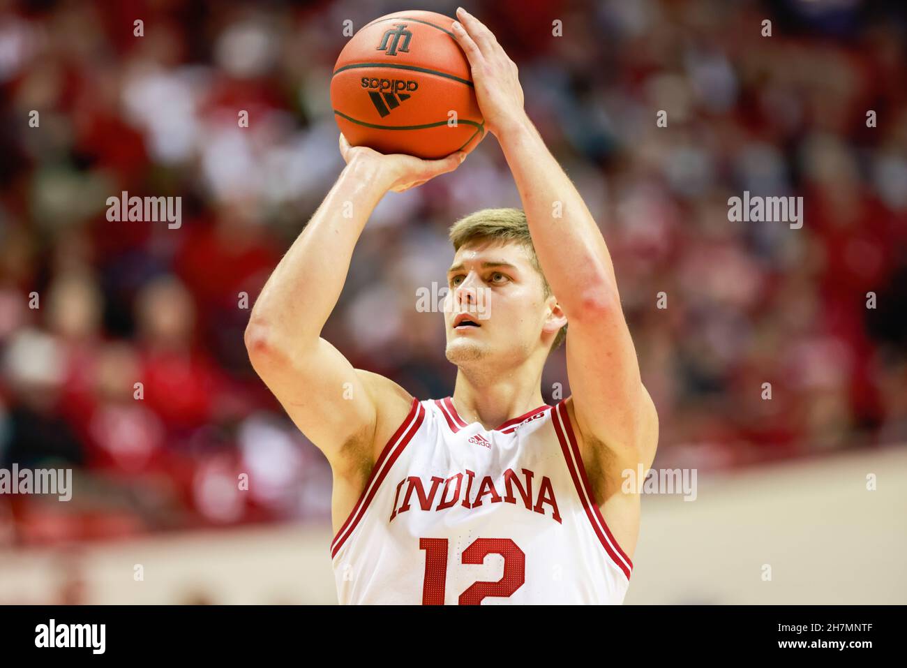 Bloomington, United States. 23rd Nov, 2021. Indiana Hoosiers forward Miller  Kopp (No.12) shoots a free throw against Jackson State during the National  Collegiate Athletic Association (NCAA) basketball game in Bloomington. IU  beat