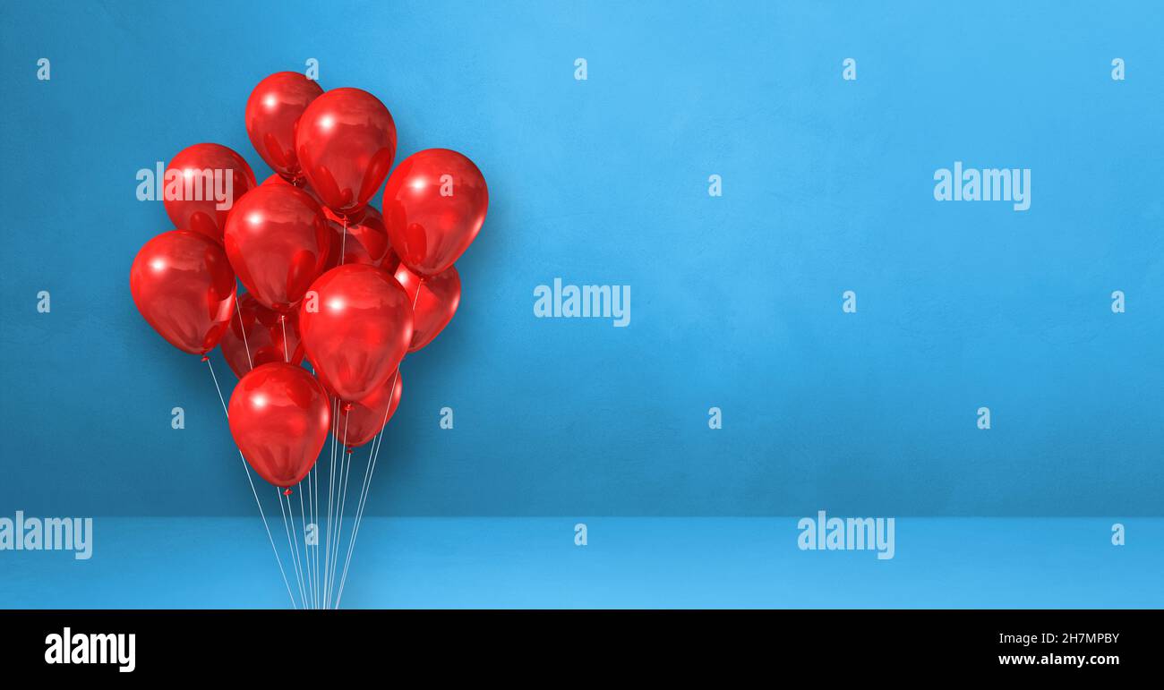 Red balloons bunch on a blue wall background. Horizontal banner. 3D ...