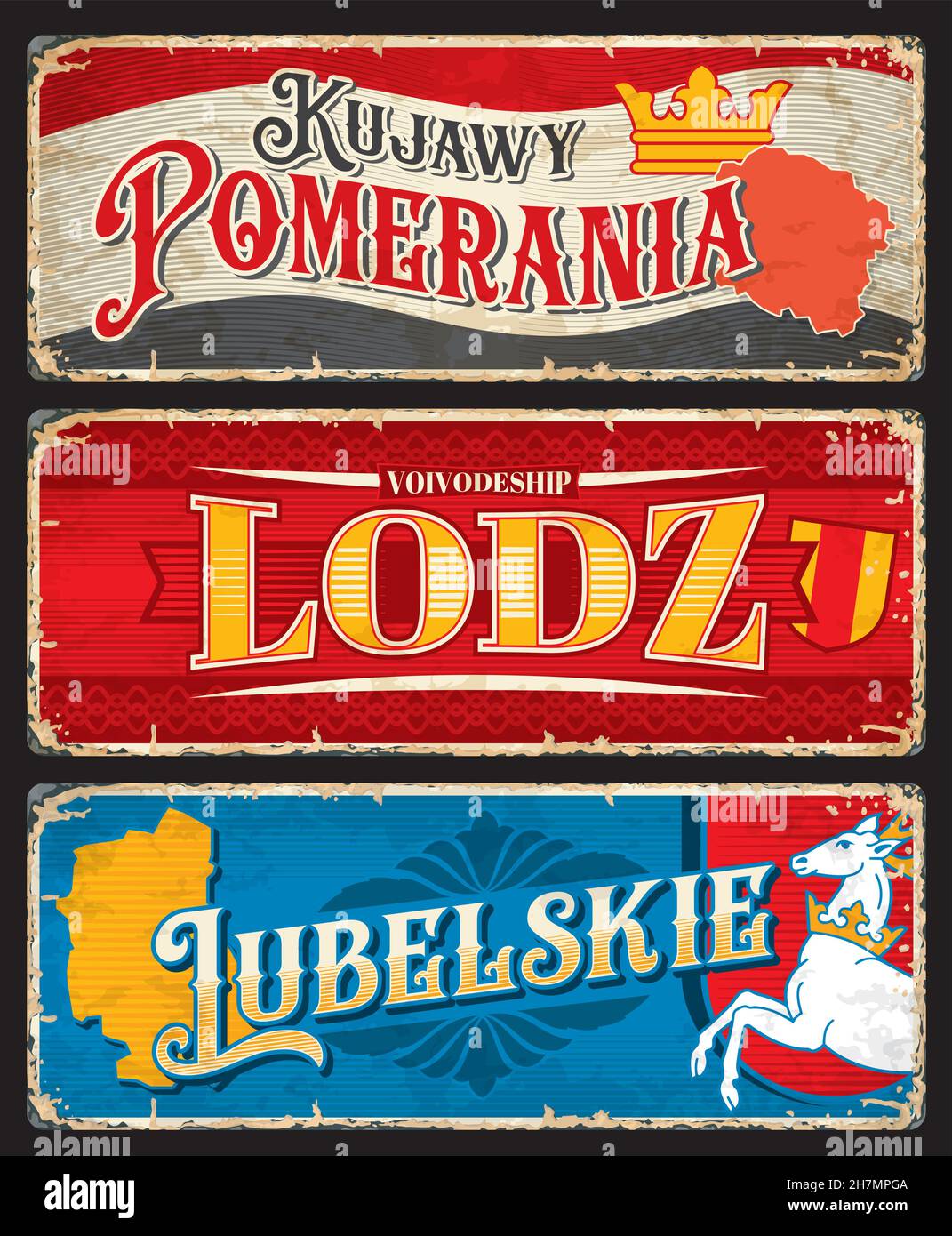 Lodz, Lubelskie, Kujawy Pomerania polish voivodeship plates and travel stickers. Vector vintage banners with Poland touristic landmarks, territory map Stock Vector