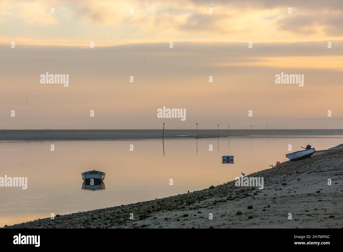 Rowboats moored in the Baie de Somme at low tide. Saint-Valery, France Stock Photo