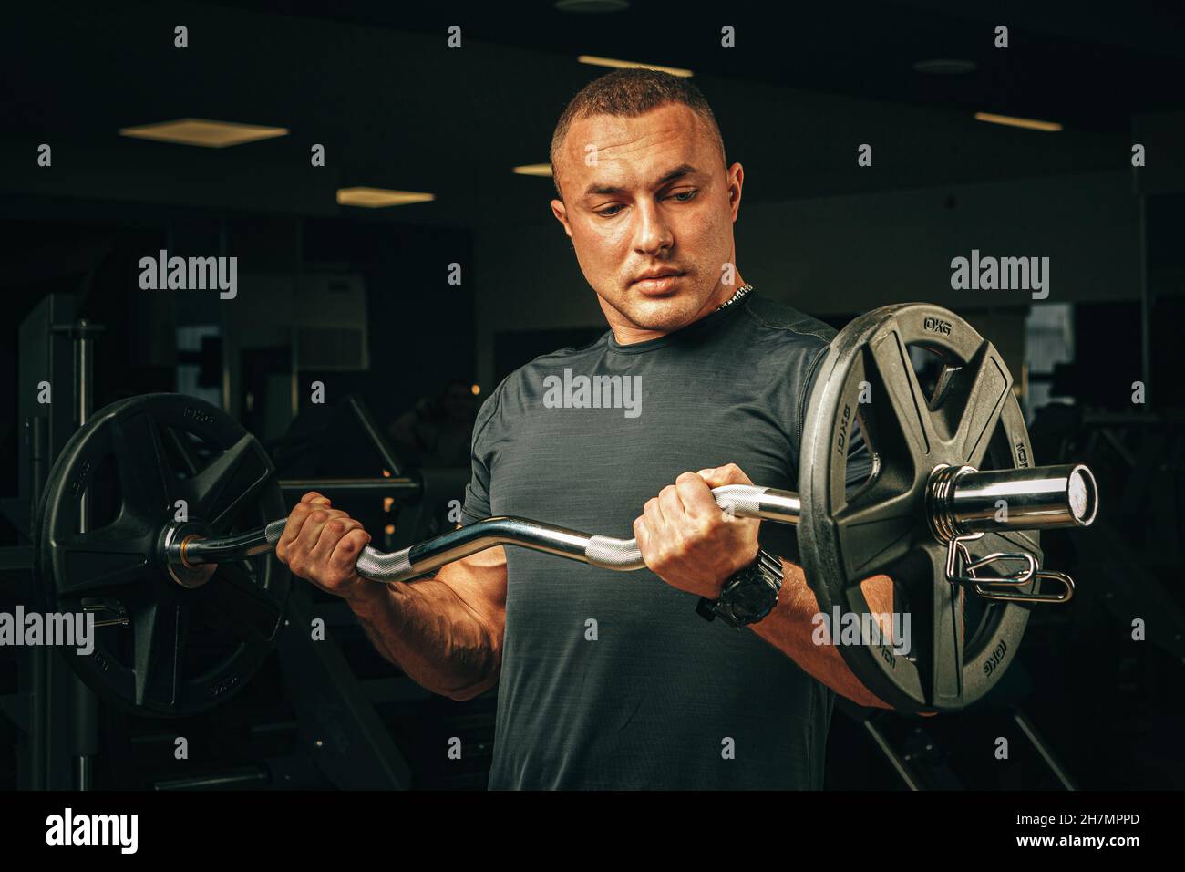 Powerlifter with strong arms lifting barbell in a gym Stock Photo Alamy