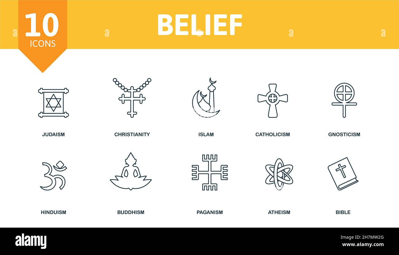 Belief icon set. Collection of simple elements such as the judaism, christianity, islam, catholicism, atheism, buddhism, bible. Stock Vector