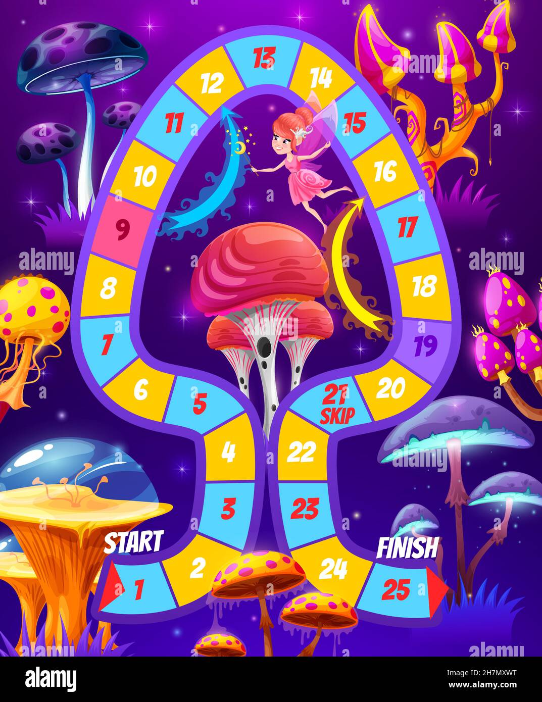 Kids boardgame with giant fantasy magic mushroom and fairy character. Vector board game with funny pixie hold wand fly at bizarre fungi plants, number Stock Vector