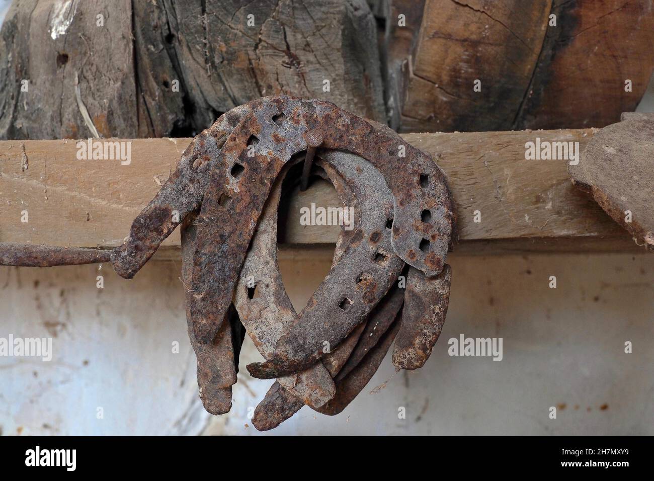 Rusty horseshoes, lucky charms, suspended horseshoes, rusty metal Stock Photo