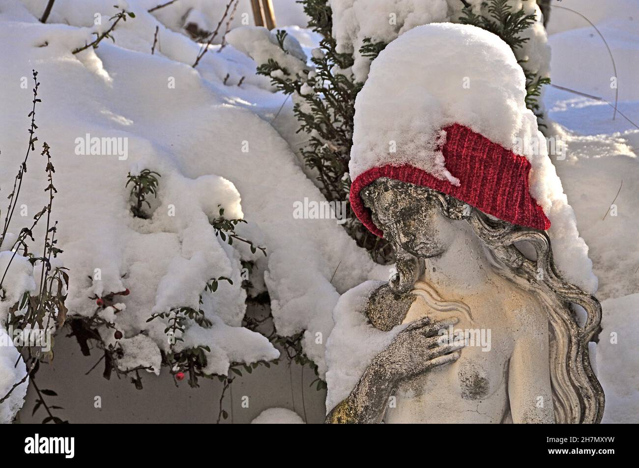 Venus by Botticelli in Winter, Birth of Venus, Head of Venus with Snow and Cap, Cap with Snow, Snowed-in Sculpture, Munich, Bavaria, Germany Stock Photo
