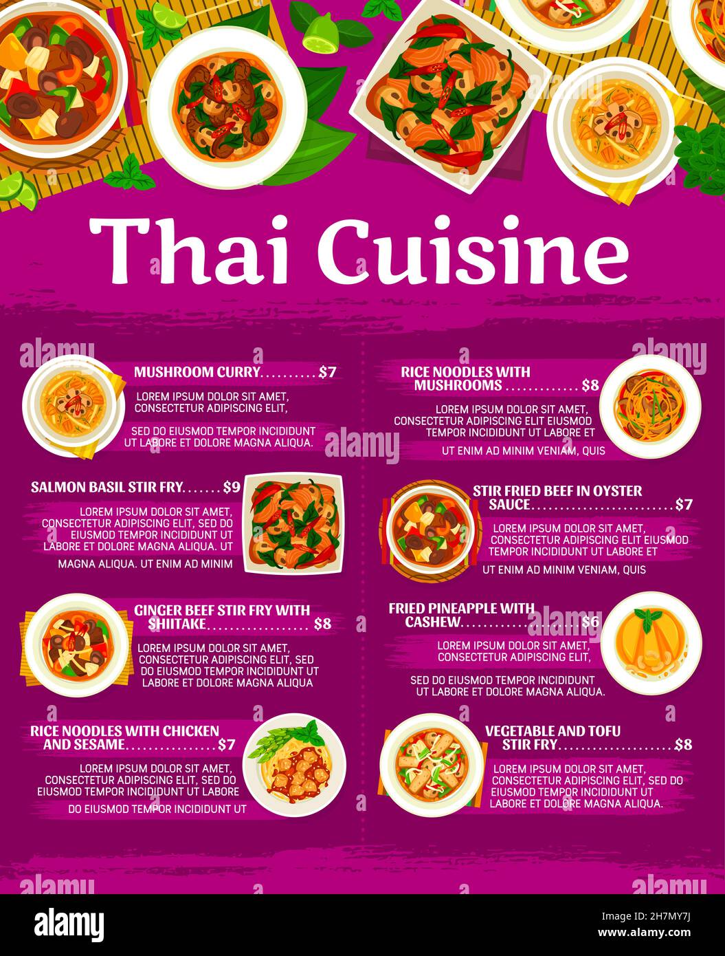 Thai cuisine food menu page template. Noodles with mushrooms, chicken