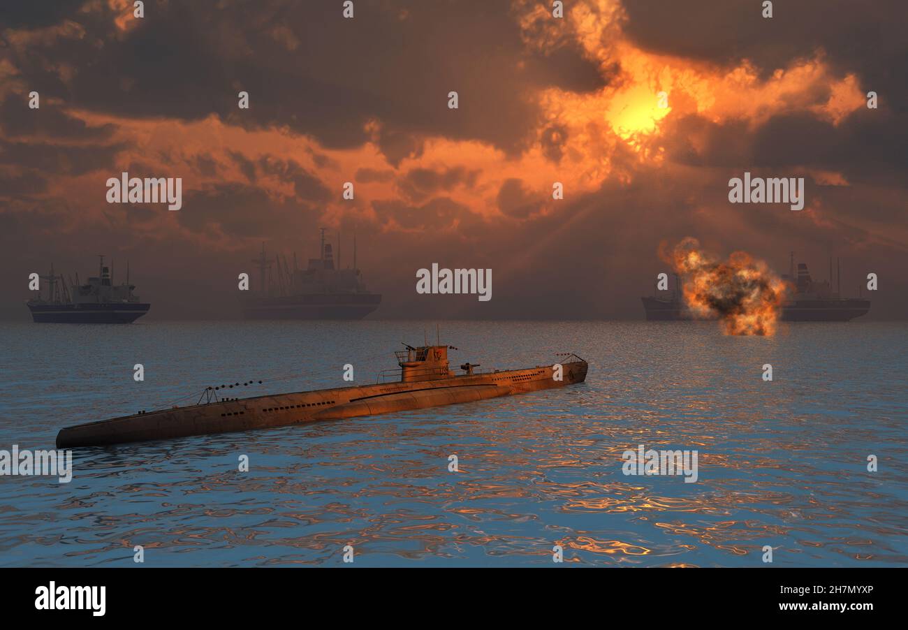 A German U-Boat Attacking Allied Shipping Stock Photo