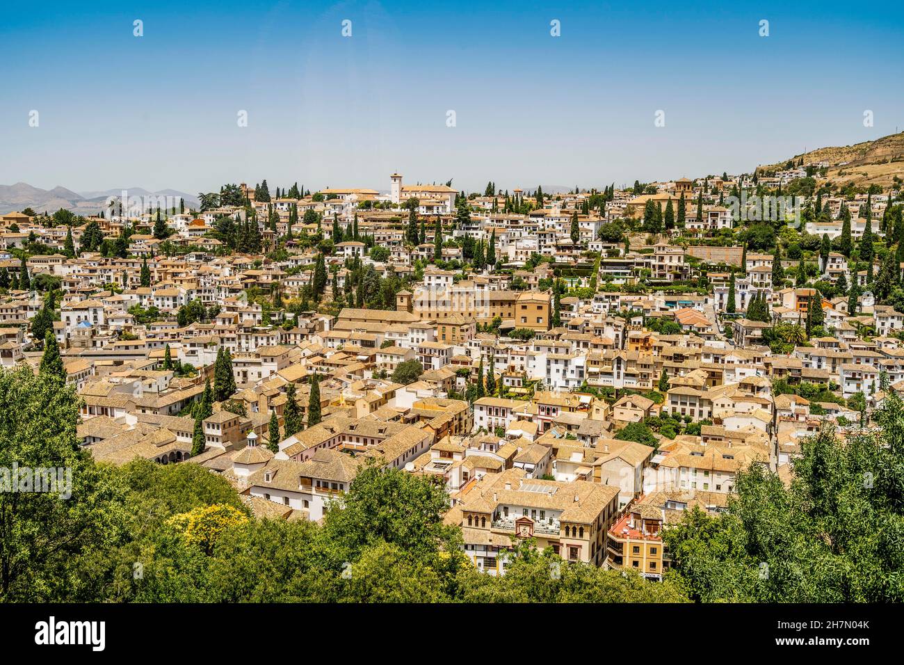 Historic Granada cityscape viewed from Alhambra palaces complex, Andalusia, Spain Stock Photo
