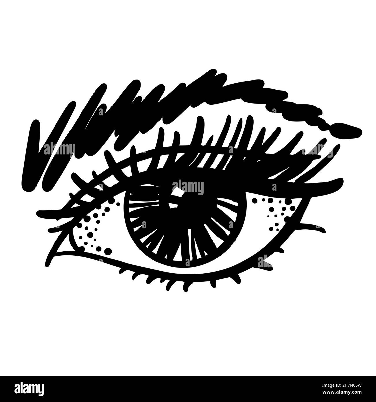 Female eye with eyelashes and eyebrows, black and white vector sketch