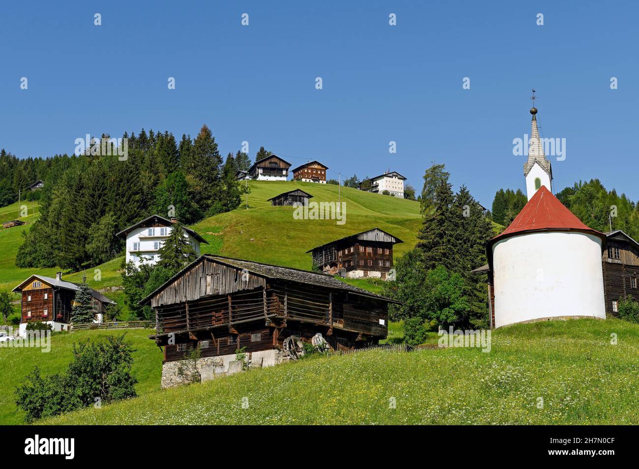 Farms and chapel in Liesing in Lesach Valley, midsummer atmosphere, Carinthia, Austria Stock Photo