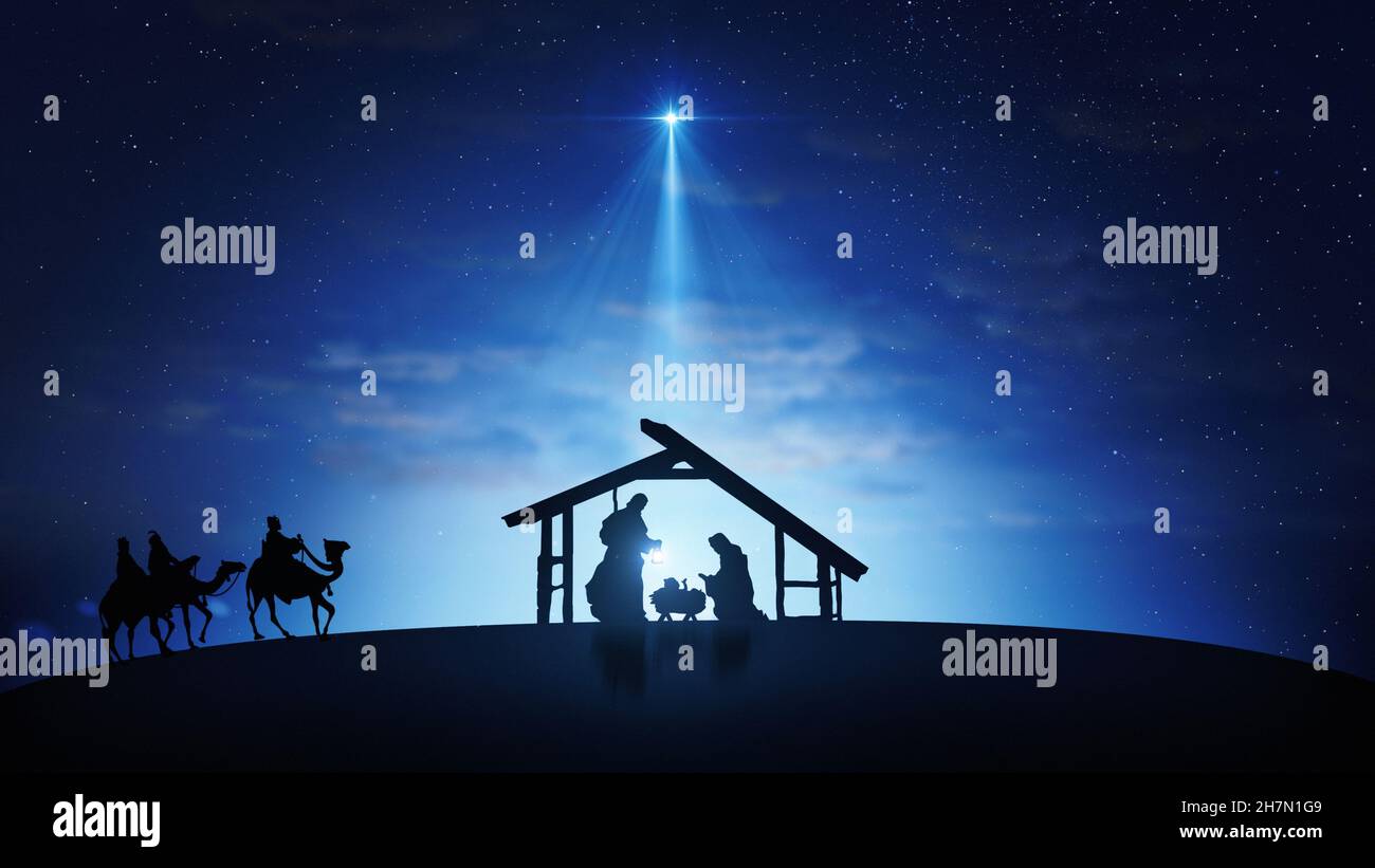 Christmas Scene with twinkling stars and brighter star of Bethlehem with nativity characters animated animals and trees. Nativity Christmas story unde Stock Photo