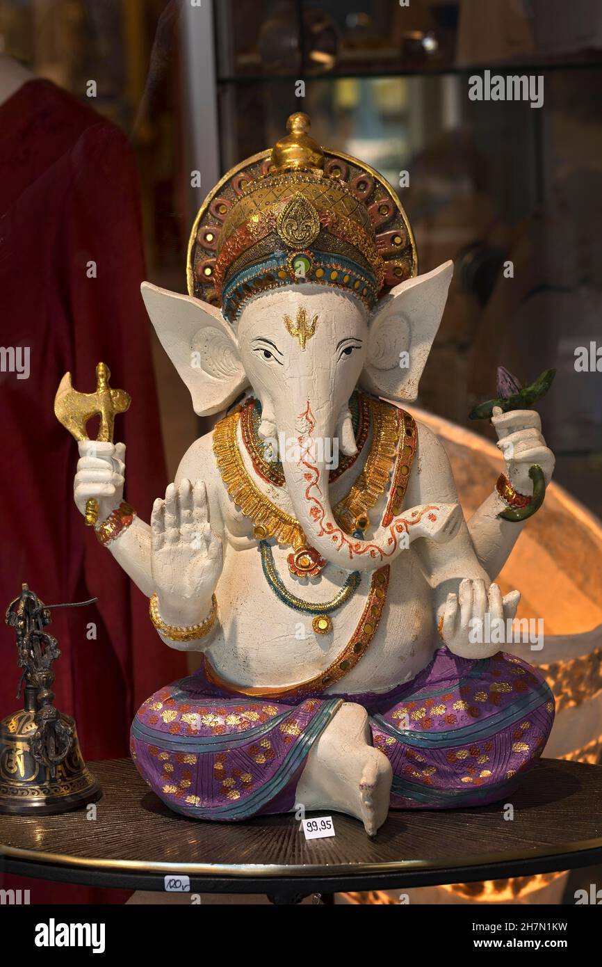 Shop window with Indian elephant god Ganesha, Bad Woerishofen, Allgaeu, Bavaria, Germany Stock Photo